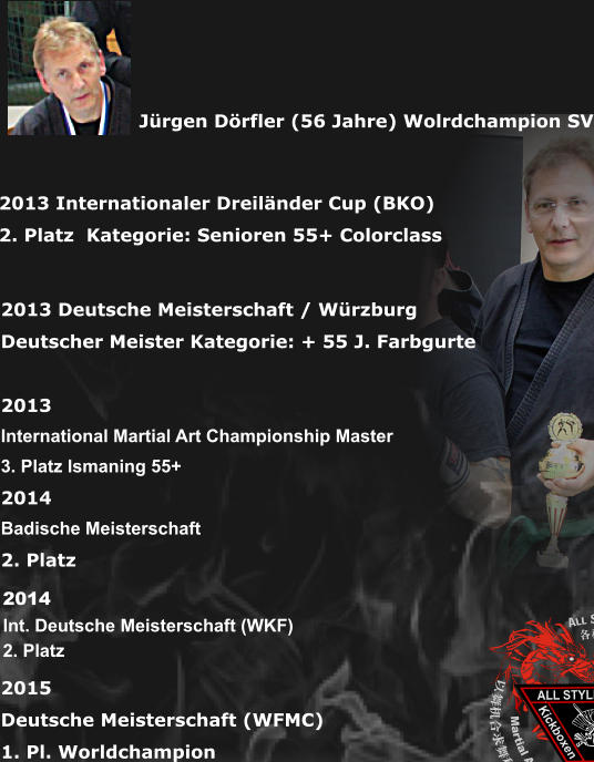 2013 Internationaler Dreilnder Cup (BKO) 2. Platz  Kategorie: Senioren 55+ Colorclass     2013 Deutsche Meisterschaft / Wrzburg Deutscher Meister Kategorie: + 55 J. Farbgurte  2013  International Martial Art Championship Master 3. Platz Ismaning 55+ 2014  Badische Meisterschaft 2. Platz     2015 Deutsche Meisterschaft (WFMC) 1. Pl. Worldchampion         Jrgen Drfler (56 Jahre) Wolrdchampion SV  2014 Int. Deutsche Meisterschaft (WKF) 2. Platz