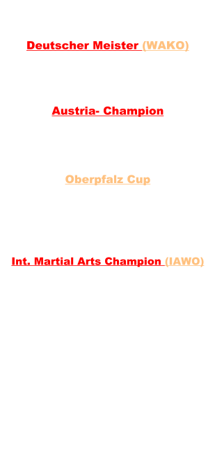 frhere Team-Erfolge  von 1994 bis 2005  Deutscher Meister (WAKO) Kickboxen LK 2. Platz  1 x  Austria- Champion Goshin Tai-Jutsu   1. Platz 1 x    Oberpfalz Cup   Kickboxen LK 1. Platz   2 x 2. Platz   3 x  Int. Martial Arts Champion (IAWO)   realistic Self Defense 1. Platz  1 x 2. Platz  1 x      Franken Cup   Kickboxen LK Schwergewicht 90 Kg 1. Platz  1 x    realistic Self Defense  1. Platz   2 x  2. Platz   2 x